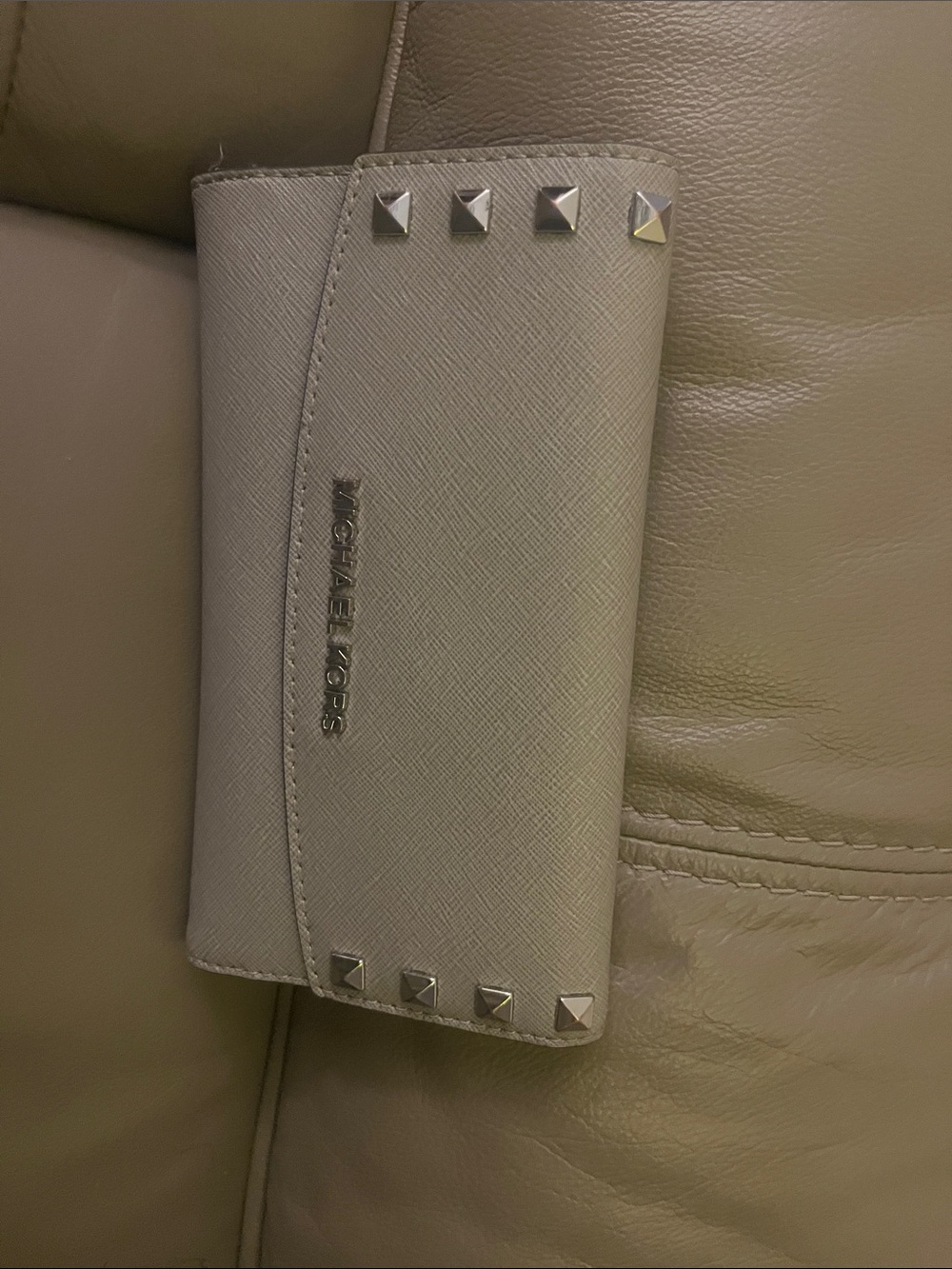 Michael Kors Gray Saffiano Leather Studded Trifold Wallet